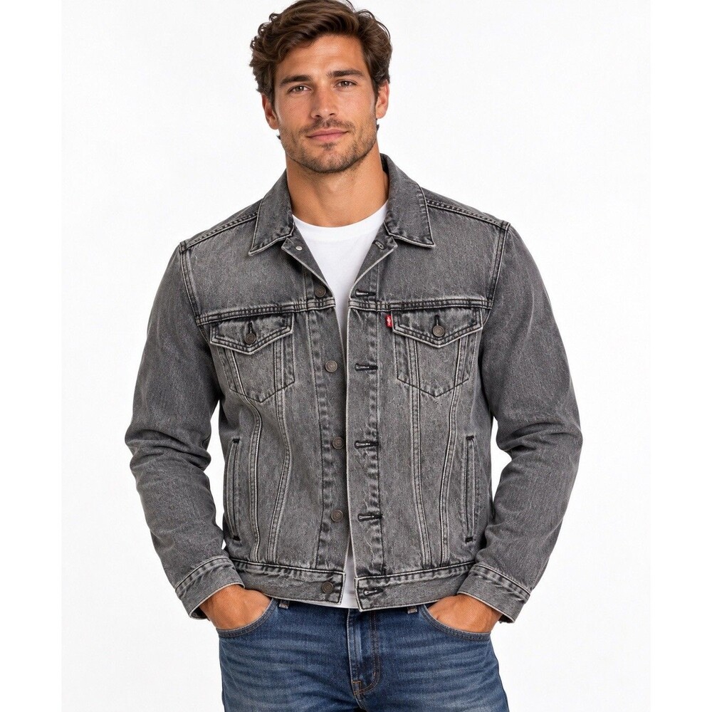 Levi’s Men’s S Gray Black Washed Denim Trucker Jacket WaterLess Button Front